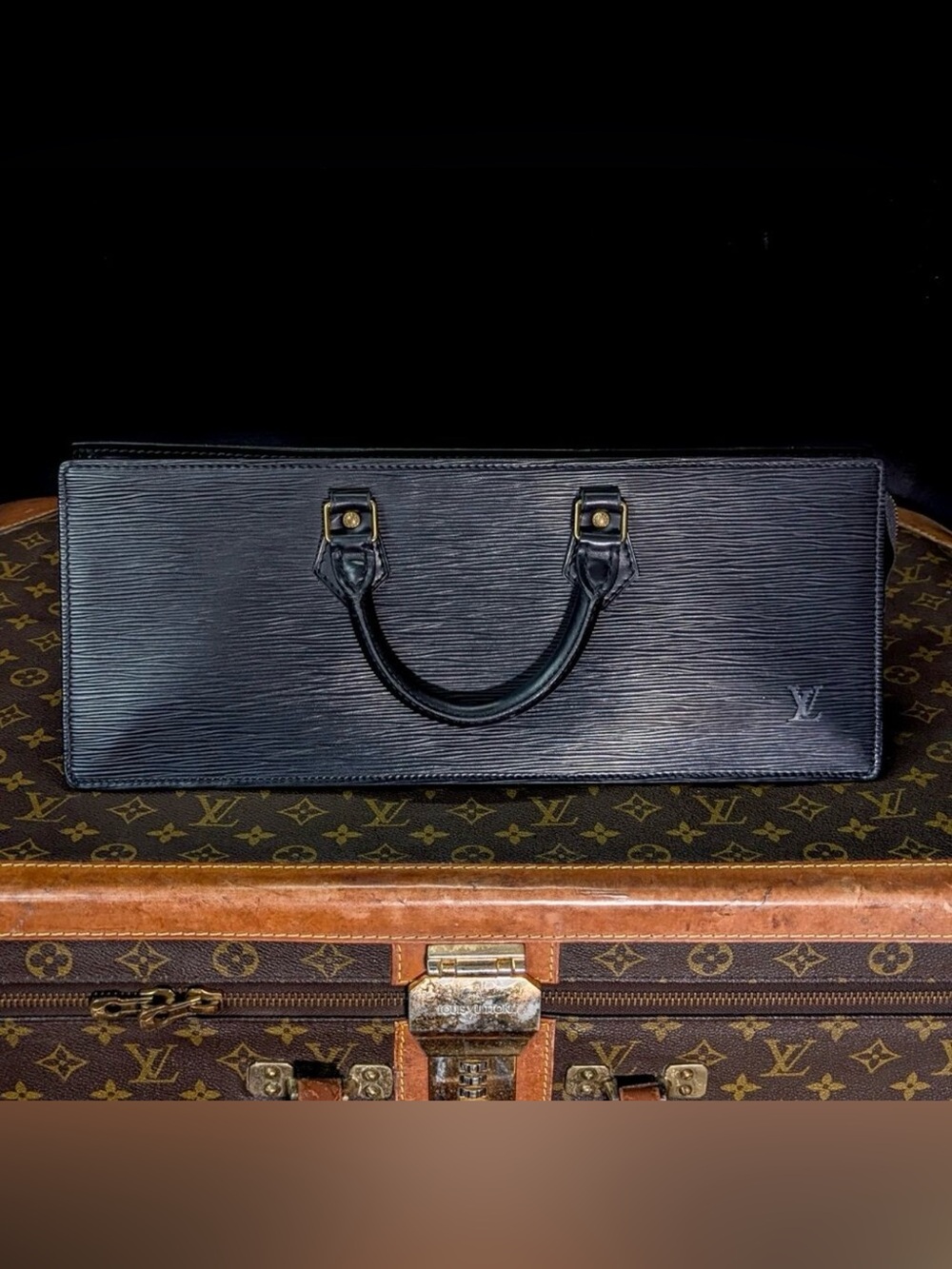 Louis Vuitton Epi Sac Triangle Black Leather Handbag + Matching Pochette Clés